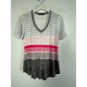 David Cline Womens V-Neck Striped Short-Sleeve Slate Top Small Gray/Pink Casual